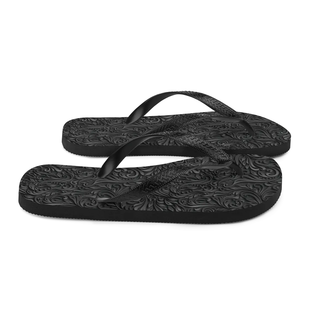 3D Black Ornament Pattern Flip-Flops