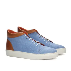 Ambrogio Bespoke Custom Men's Shoes Blue & Cognac Linen / Calf-Skin Leather High-Top Sneakers (AMB2134)