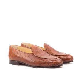 Ambrogio Bespoke Custom Men's Shoes Brown & Cognac Ostrich & Calf-Skin Leather Belgian Loafers (AMB1860)