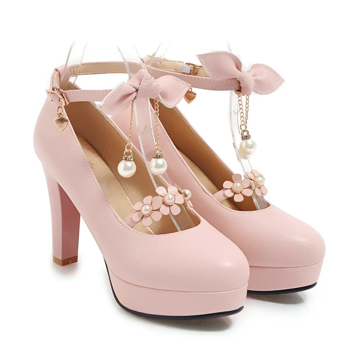 Bowtie Ultra-High Heels Thick Heel Ankle Strap Buckle Shallow Mouth Platform Chunky Pumps Shoes Woman