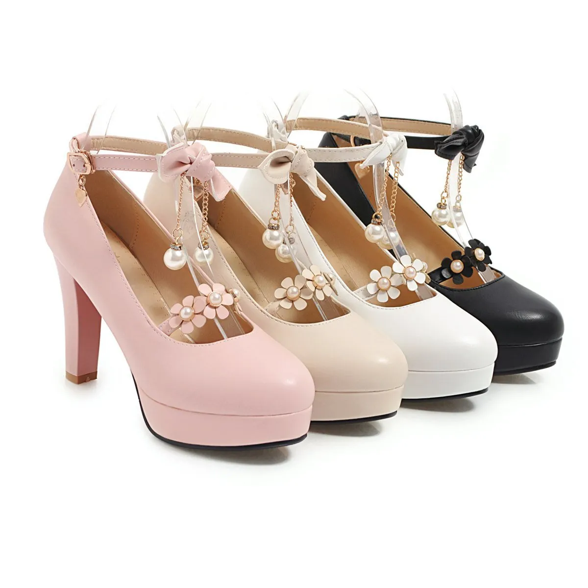 Bowtie Ultra-High Heels Thick Heel Ankle Strap Buckle Shallow Mouth Platform Chunky Pumps Shoes Woman