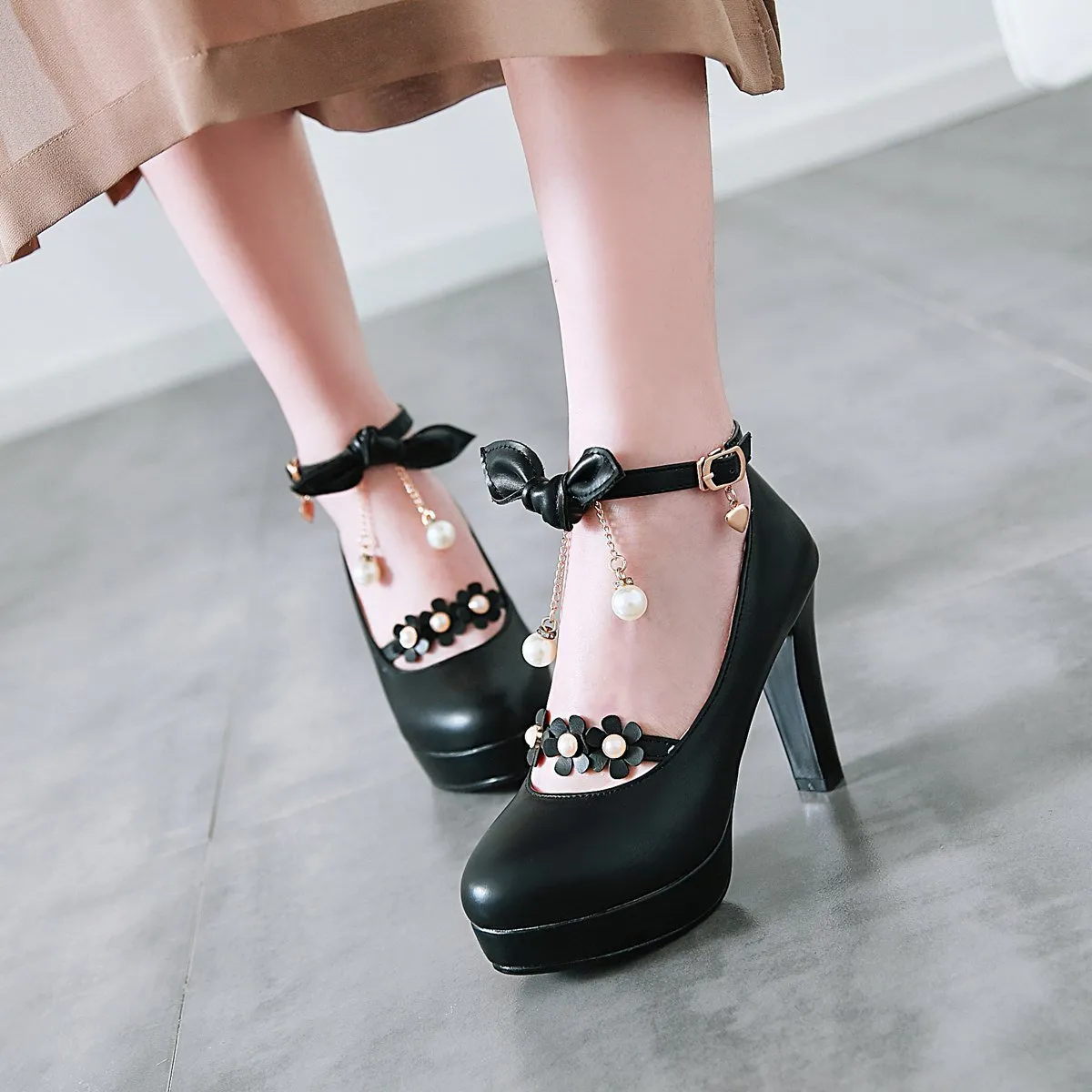 Bowtie Ultra-High Heels Thick Heel Ankle Strap Buckle Shallow Mouth Platform Chunky Pumps Shoes Woman