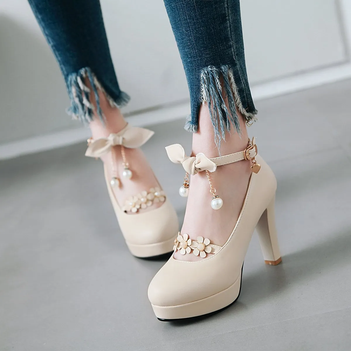 Bowtie Ultra-High Heels Thick Heel Ankle Strap Buckle Shallow Mouth Platform Chunky Pumps Shoes Woman