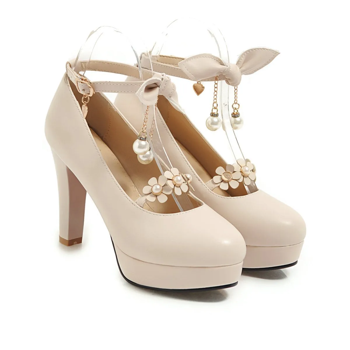 Bowtie Ultra-High Heels Thick Heel Ankle Strap Buckle Shallow Mouth Platform Chunky Pumps Shoes Woman