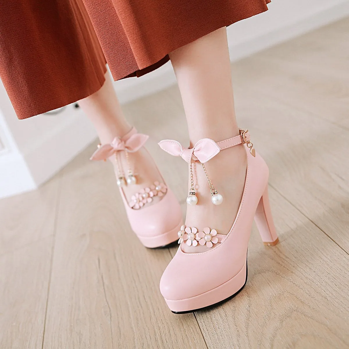 Bowtie Ultra-High Heels Thick Heel Ankle Strap Buckle Shallow Mouth Platform Chunky Pumps Shoes Woman