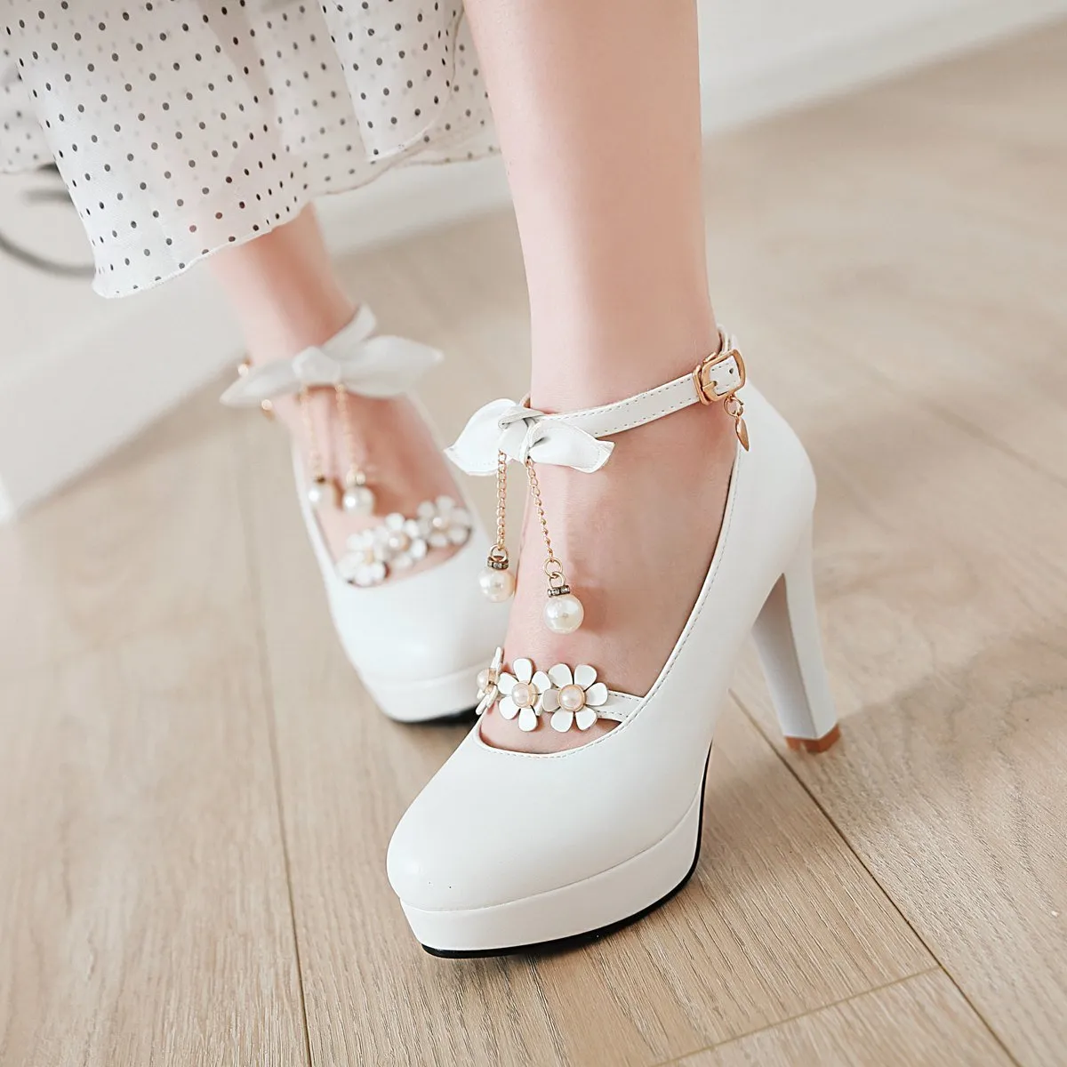 Bowtie Ultra-High Heels Thick Heel Ankle Strap Buckle Shallow Mouth Platform Chunky Pumps Shoes Woman