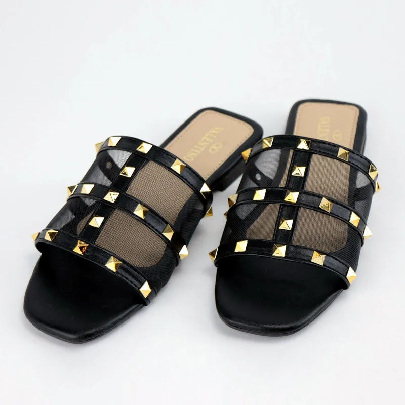 Causal Studded Open-Toe Flat Slipper Slides