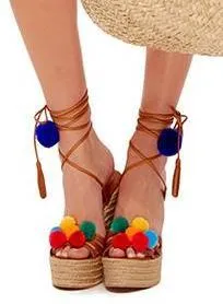 'Holi' Pom Pom Wrap Wedge Sandals