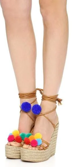 'Holi' Pom Pom Wrap Wedge Sandals