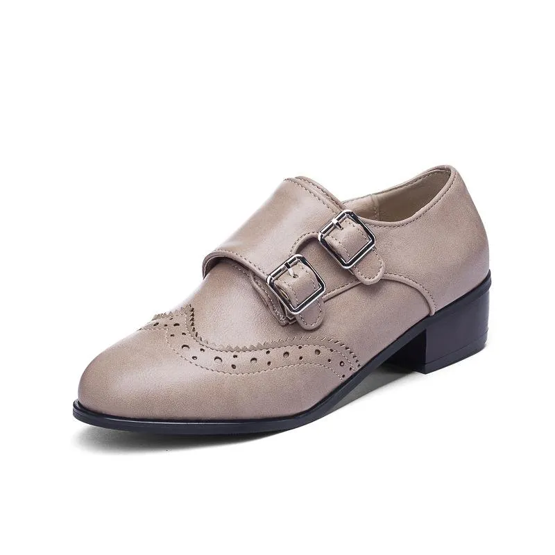 Lady Round Head Double Buckle Woman Mid Heeled Oxford Shoes