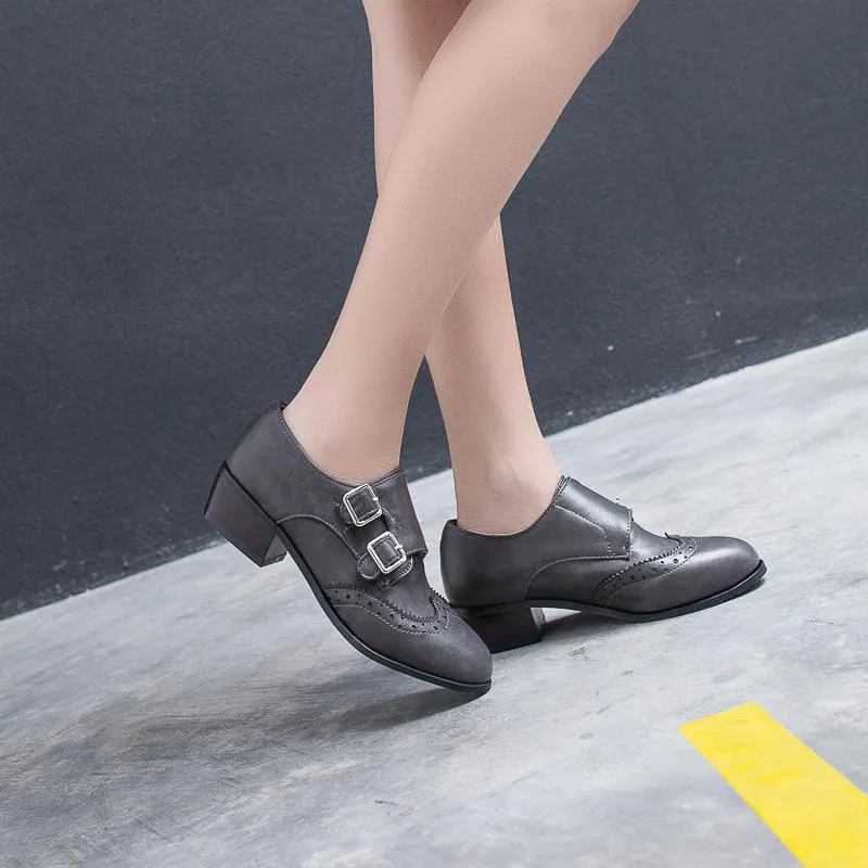 Lady Round Head Double Buckle Woman Mid Heeled Oxford Shoes