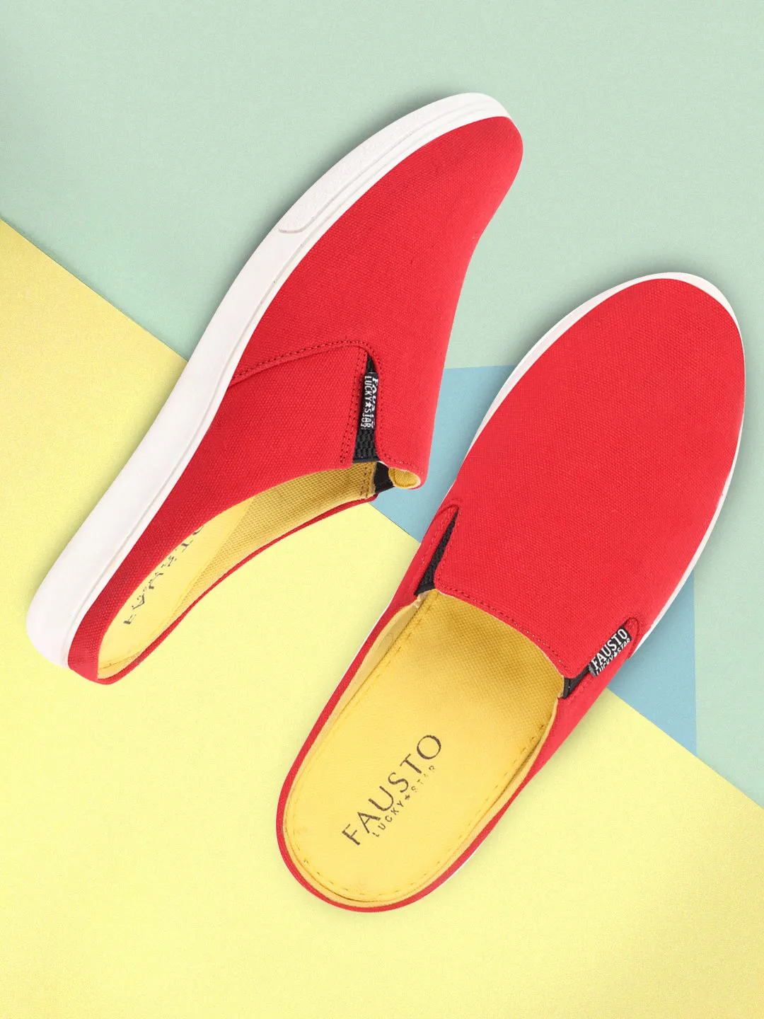 Men Red Casual Back Open Canvas Stylish Slip On Shoes