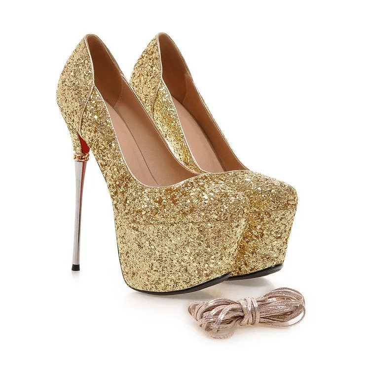 Pointed Toe Sequin Platform Pumps High Heels Women Wedding Shoes 5064