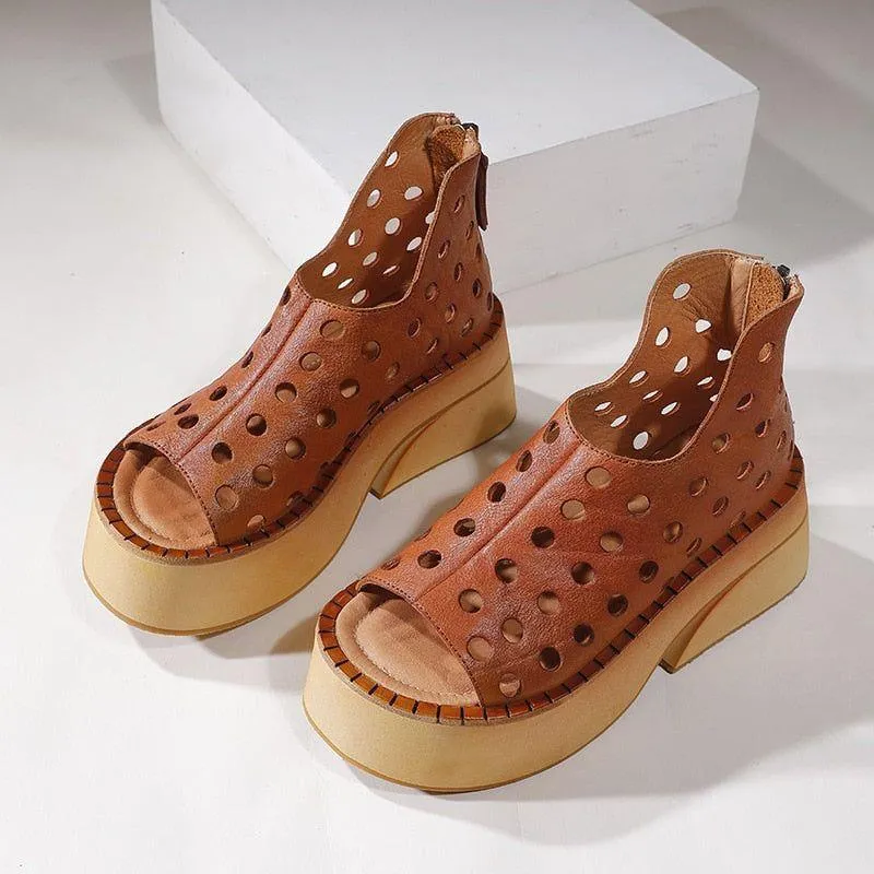 Soft Leather Flat Hollow Boots - Women's Casual Shoes WC113