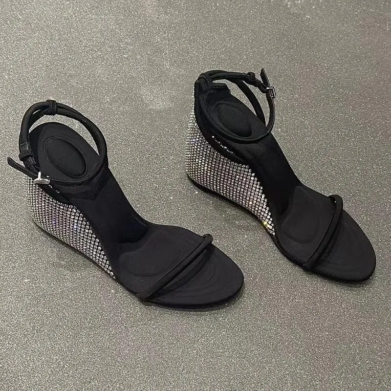 Strap Wedge Sandals - Rhinestones