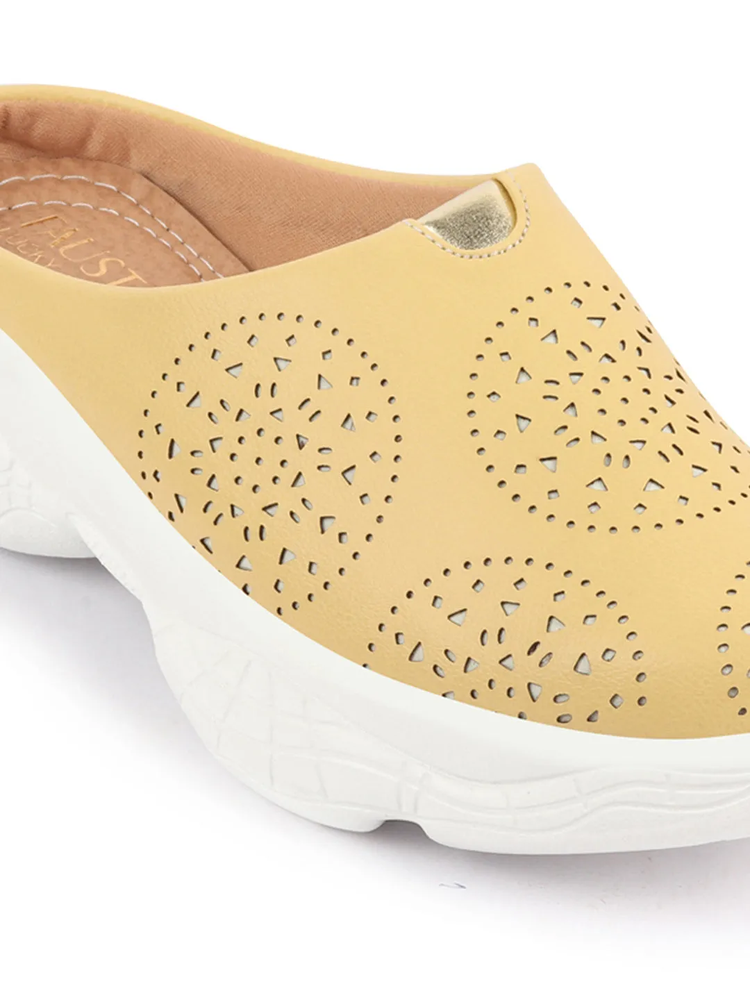 Women Yellow Laser Cut Design Back Open Slip On Mules Shoes