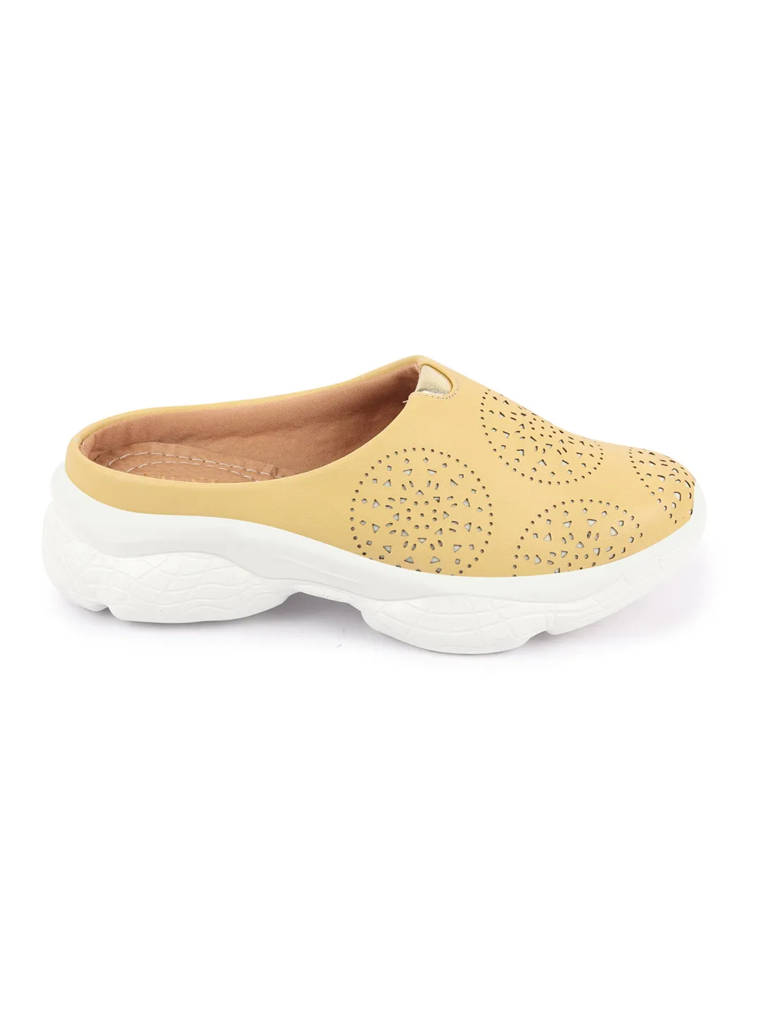 Women Yellow Laser Cut Design Back Open Slip On Mules Shoes