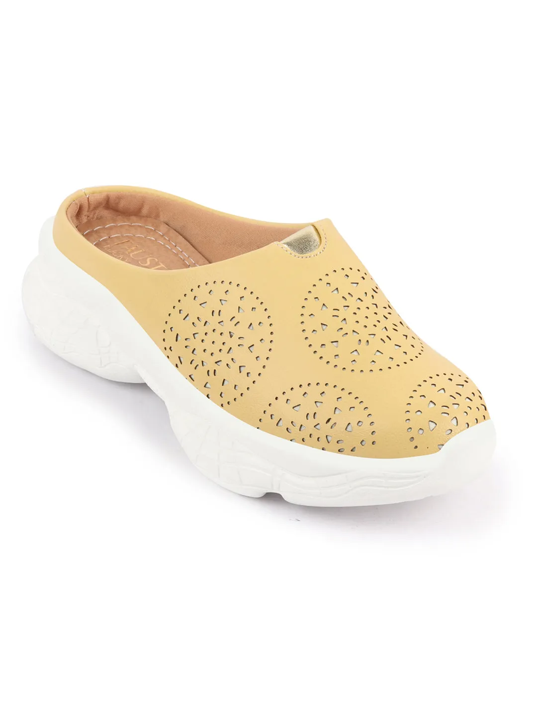 Women Yellow Laser Cut Design Back Open Slip On Mules Shoes