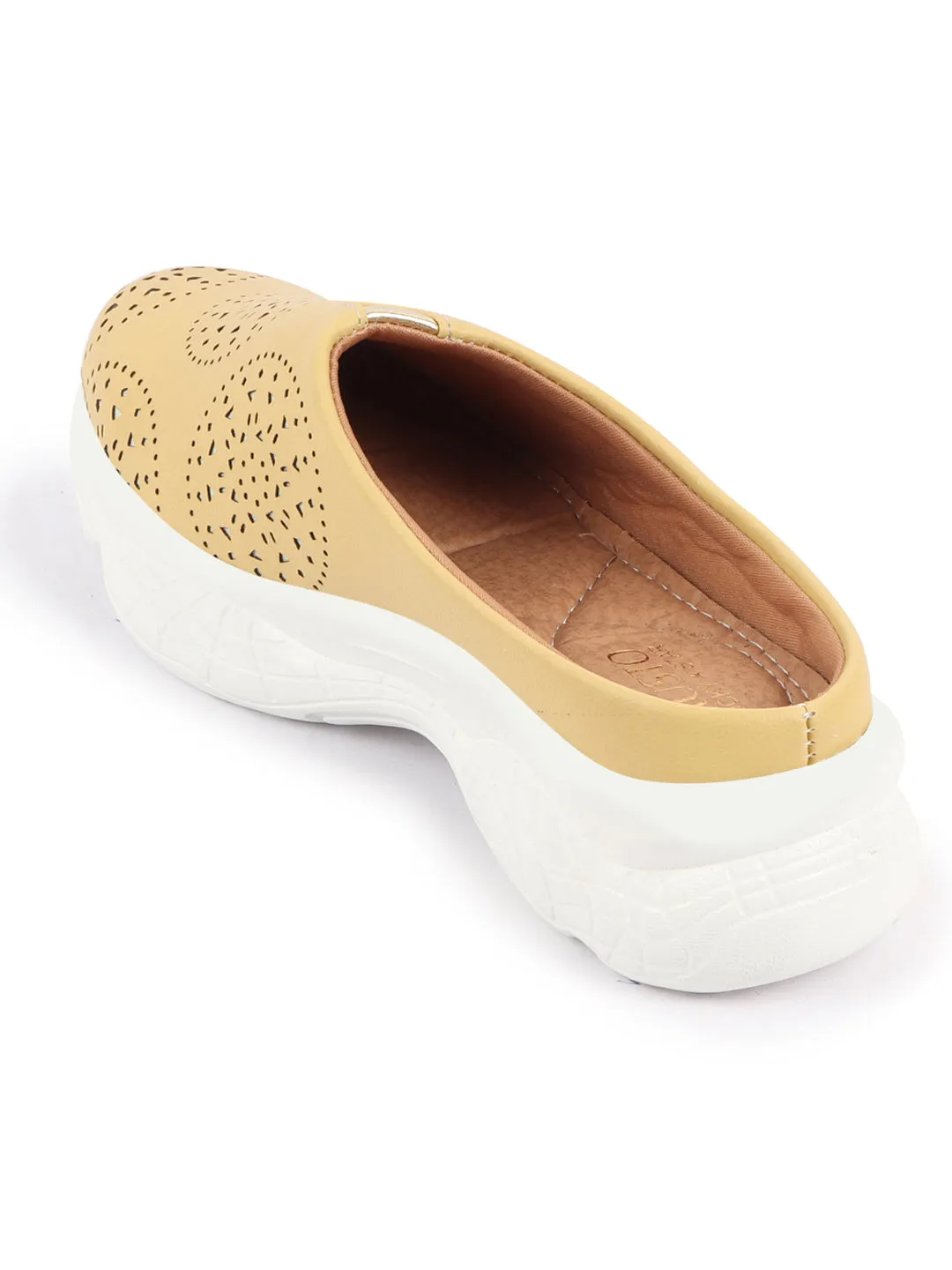 Women Yellow Laser Cut Design Back Open Slip On Mules Shoes