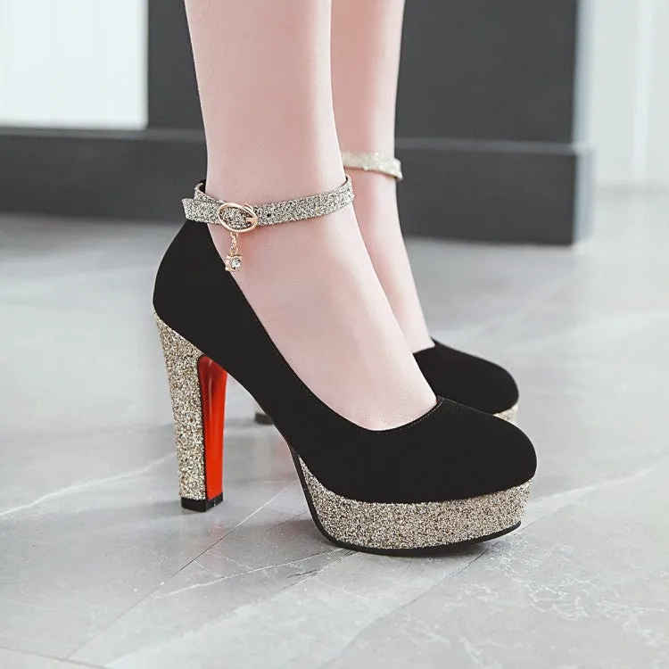 Women's Almond Toe Sequins Ankle Strap Chunky Heels High Heel Platform Pumps