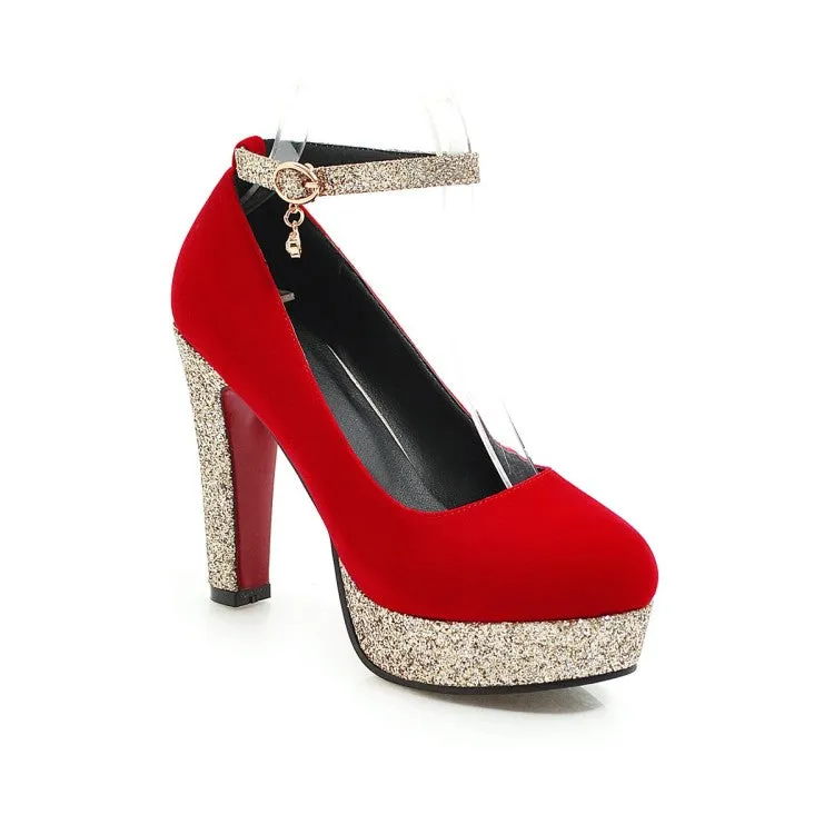 Women's Almond Toe Sequins Ankle Strap Chunky Heels High Heel Platform Pumps