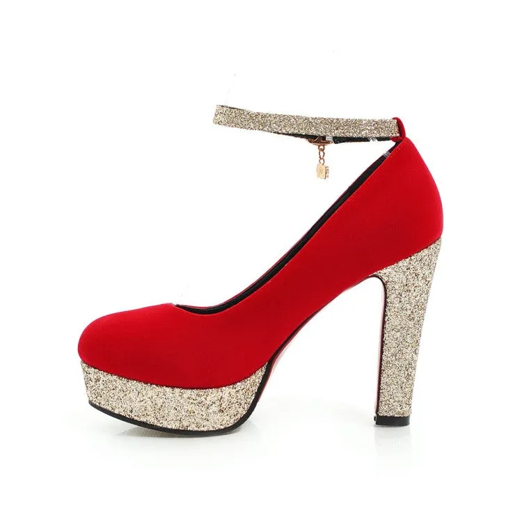 Women's Almond Toe Sequins Ankle Strap Chunky Heels High Heel Platform Pumps