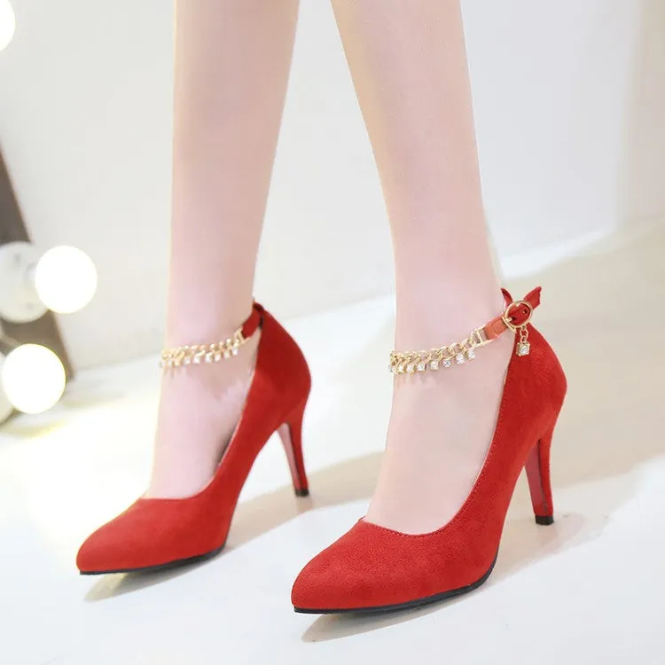 Women's Flock Pointed Toe Rhinestone Chains Ankle Strap Stiletto Heel Pumps