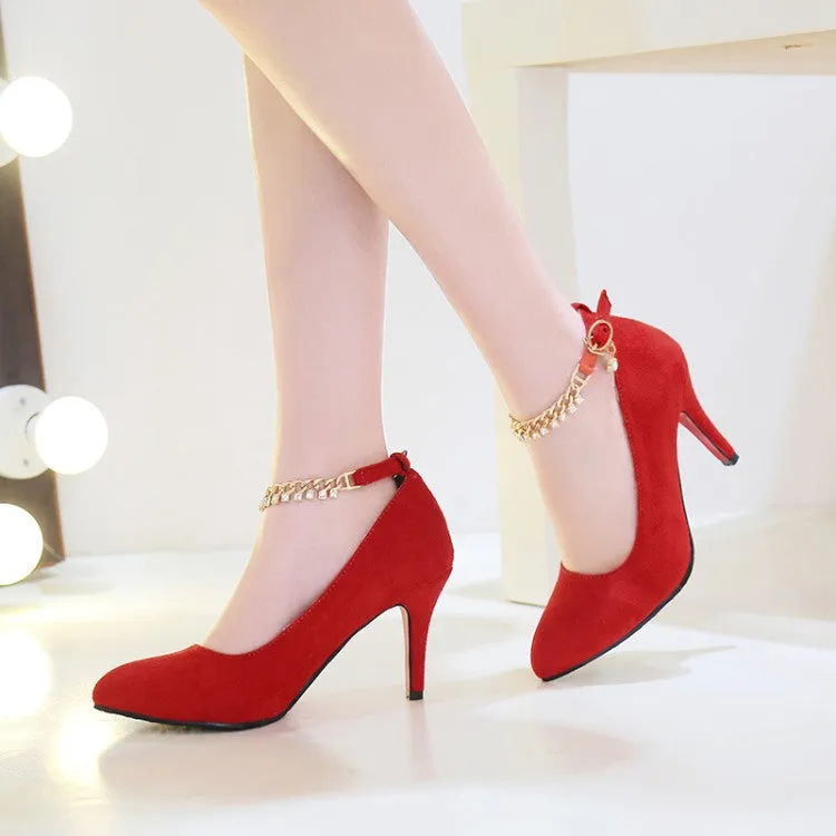 Women's Flock Pointed Toe Rhinestone Chains Ankle Strap Stiletto Heel Pumps