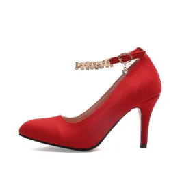 Women's Flock Pointed Toe Rhinestone Chains Ankle Strap Stiletto Heel Pumps