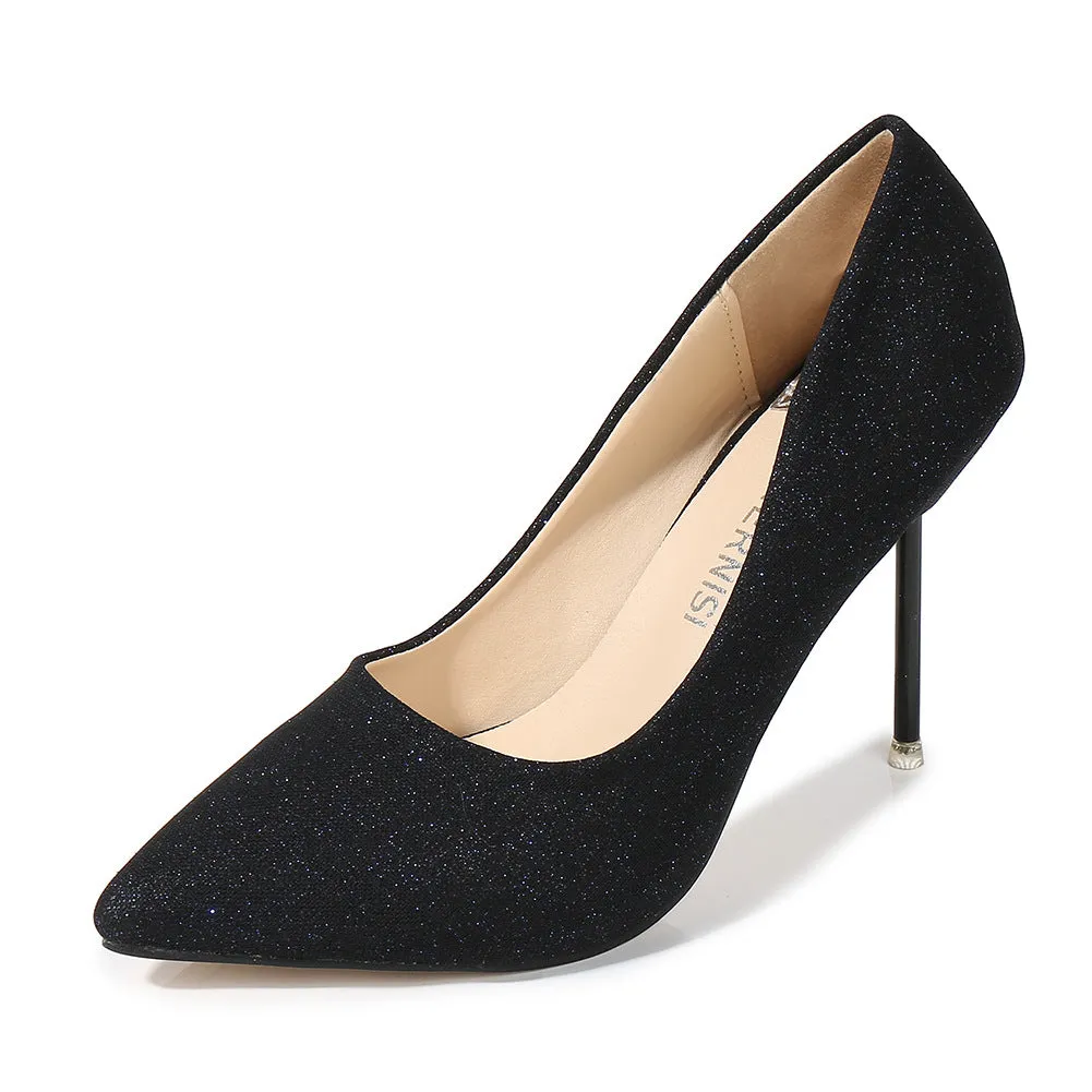 Women's Glittery Pointed Toe Shallow Stiletto Heel Pumps