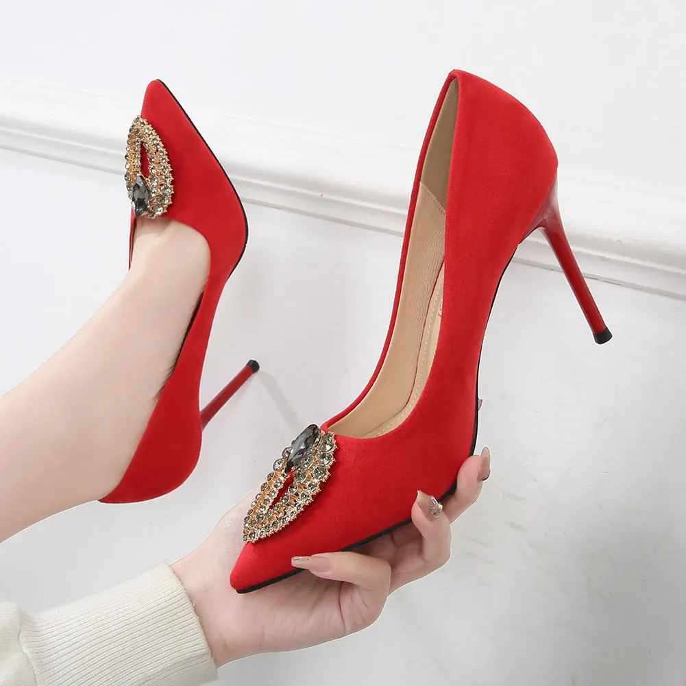 Women's Glittery Rhinestone Pointed Toe Shallow Stiletto Heel Pumps