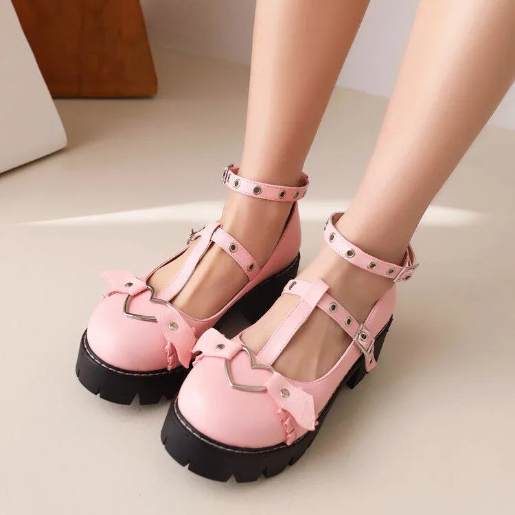 Women's Mary Janes Love Hearts T Strap Buckle Straps Block Chunky Heel Platform Pumps