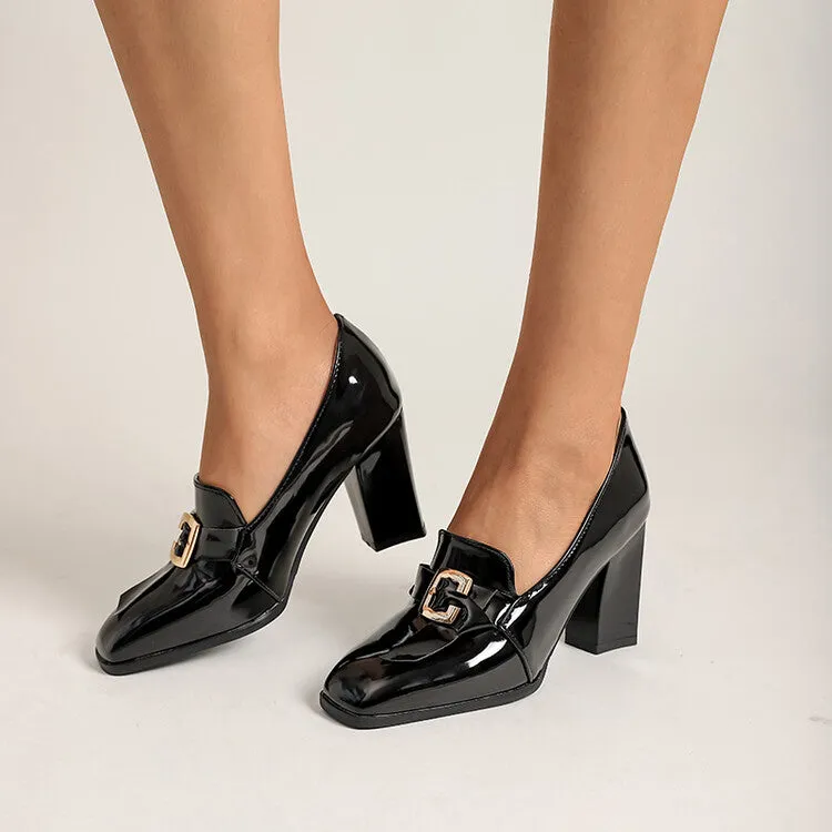 Women's Patent Leather Square Toe Block Heels Pumps