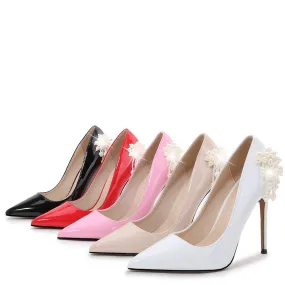 Women's Pointed Toe Shallow Pearls Stiletto Heel Pumps