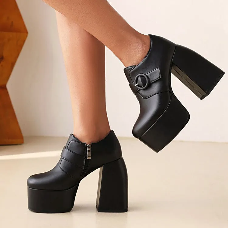 Women's Pu Leather Round Toe Belts Buckles Block Heel Platform High Heels Shoes