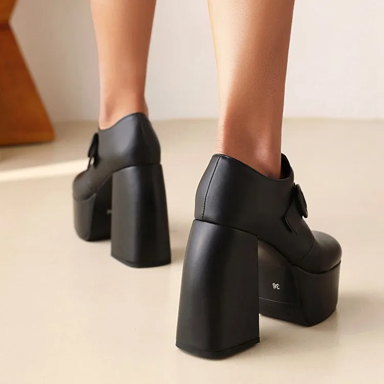 Women's Pu Leather Round Toe Belts Buckles Block Heel Platform High Heels Shoes