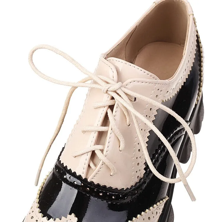 Women's Round Toe Carved Lace Up Platform Heels Oxford Shoes