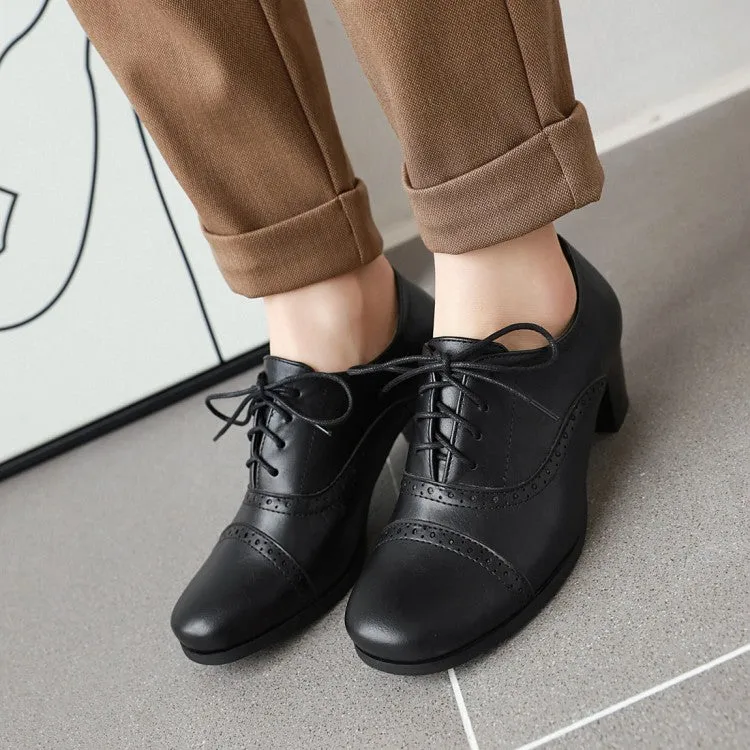 Women's Round Toe Lace Up Block Heel Oxford Chunky Heels Shoes