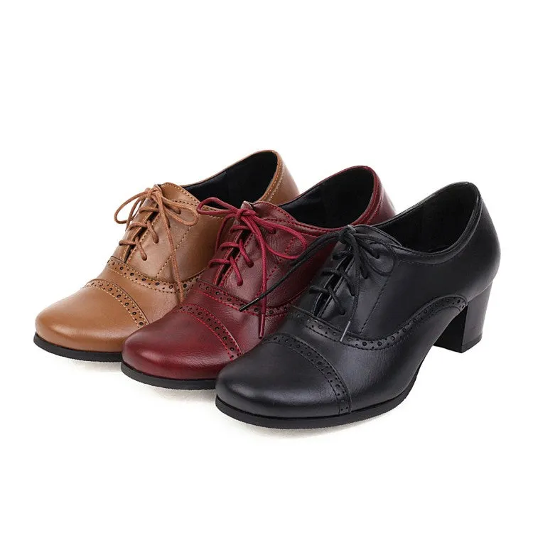 Women's Round Toe Lace Up Block Heel Oxford Chunky Heels Shoes