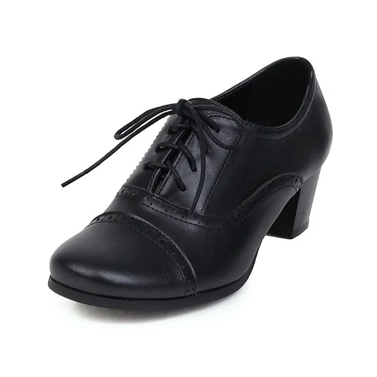 Women's Round Toe Lace Up Block Heel Oxford Chunky Heels Shoes