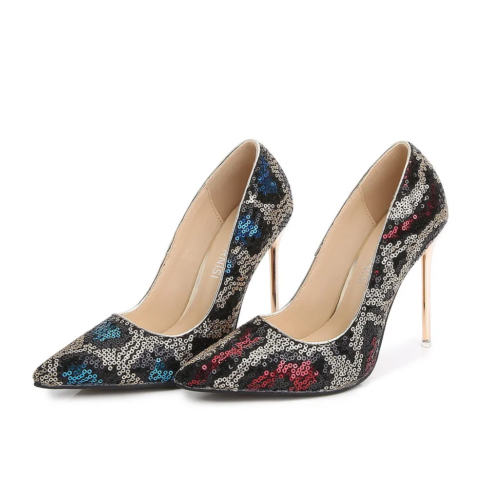 Women's Sequins Pointed Toe Shallow Stiletto Heel Pumps