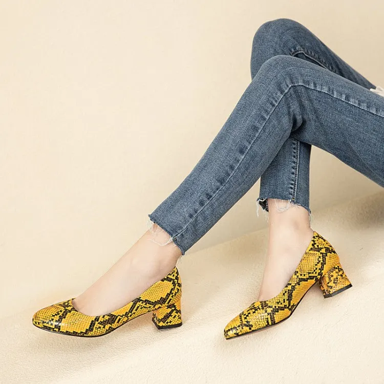 Women's Snake-printed Block Heels Pumps