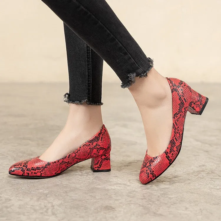 Women's Snake-printed Block Heels Pumps