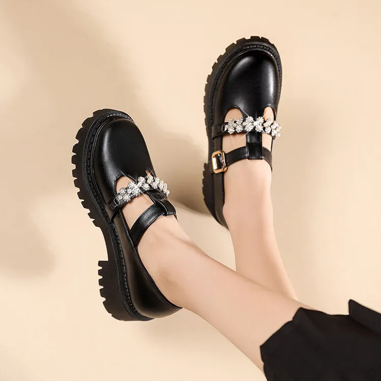 Women's T Strap Rhinestone Platform Slip-On Loafers